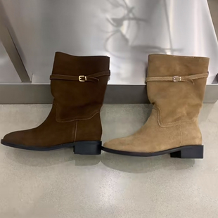 2025秋冬新款 圆头粗跟中筒靴真皮百搭宽筒西部牛仔靴骑士靴 韩版