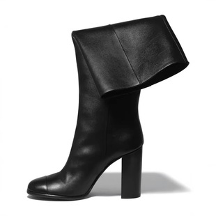 2025秋冬新款 圆头高跟高筒靴女真皮粗跟套筒不过膝长靴长筒靴 韩版