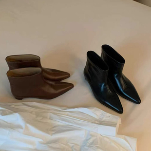 2025秋冬新款 尖头低跟短靴女真皮百搭瘦瘦靴宽筒切尔西靴裸靴 韩版