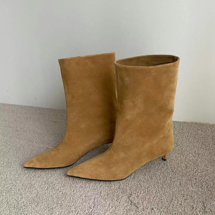 2025新款 复古尖头中筒靴女真皮磨砂宽筒靴子百搭西部牛仔靴短靴女