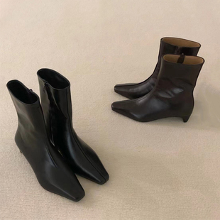 2025冬新款 靴 小方头猫跟短靴女真皮百搭侧拉链低跟裸靴瘦瘦靴时装