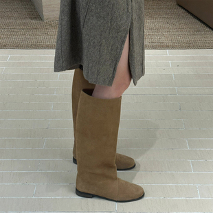 2025秋冬新款 平底长筒靴真皮百搭粗跟高筒靴骑士靴不过膝长靴 韩版