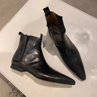 2025秋冬新款 尖头真皮切尔西靴低跟短筒短靴平底复古百搭马丁靴女