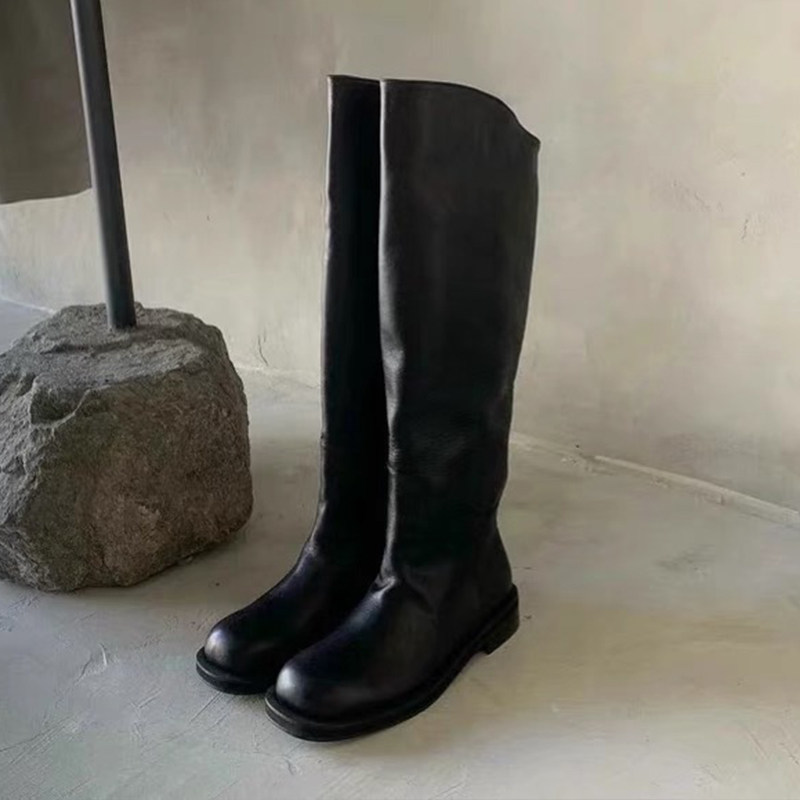 2025秋冬新款韩版圆头斜口高筒靴女真皮平底低跟不过膝长靴骑士靴,女鞋,时装靴,淘宝优惠券,粉丝福利购,淘宝优惠卷