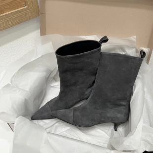 2025秋冬新款 复古尖头中筒靴女真皮宽筒小猫跟靴子西部牛仔靴短靴