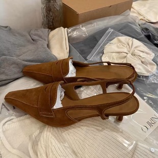 女真皮百搭一脚蹬包头细跟单鞋 2025新款 复古尖头小猫跟后绊带凉鞋