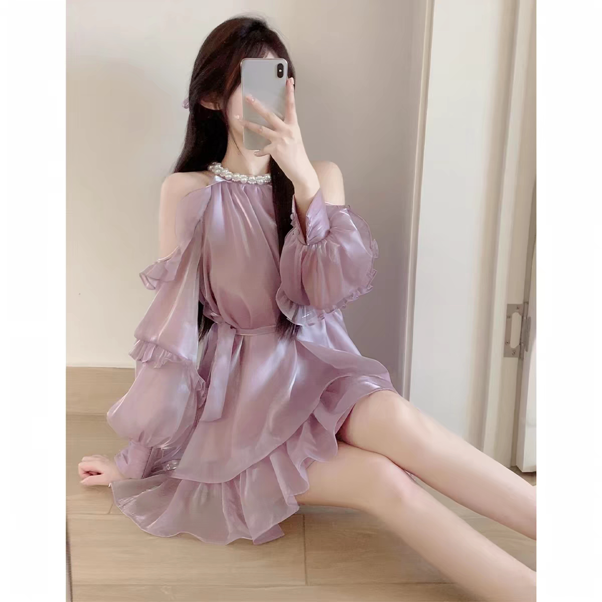 高端精致缎面露肩连衣裙女夏超好看珍珠生日小礼服仙女绝美小裙子