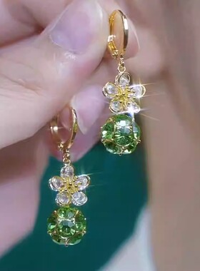 奥特莱斯品牌官网外贸出口好货气质超仙绿色花朵钻球耳扣女