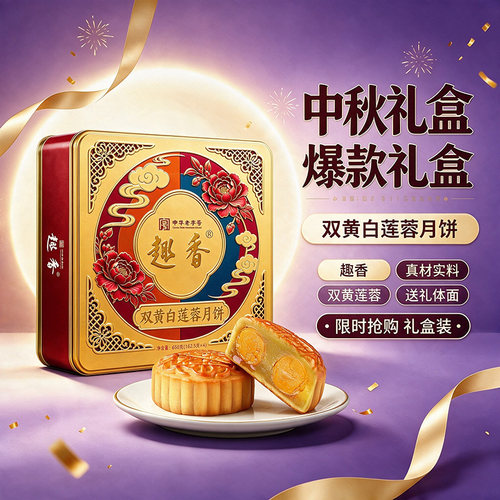 团购价】趣香老字号广州双黄白莲蓉月饼礼盒650g广式中秋送老人