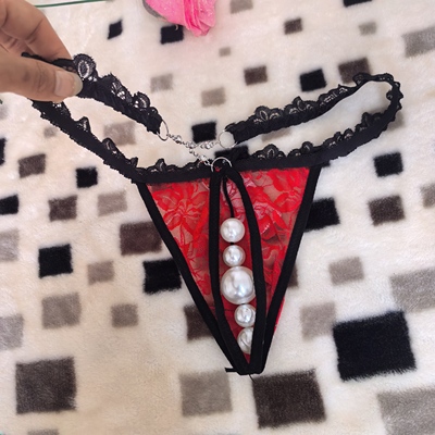 男士内裤性感蕾丝丁字裤小奶狗宅男骚气内裤透明T型裤后挂大珠子