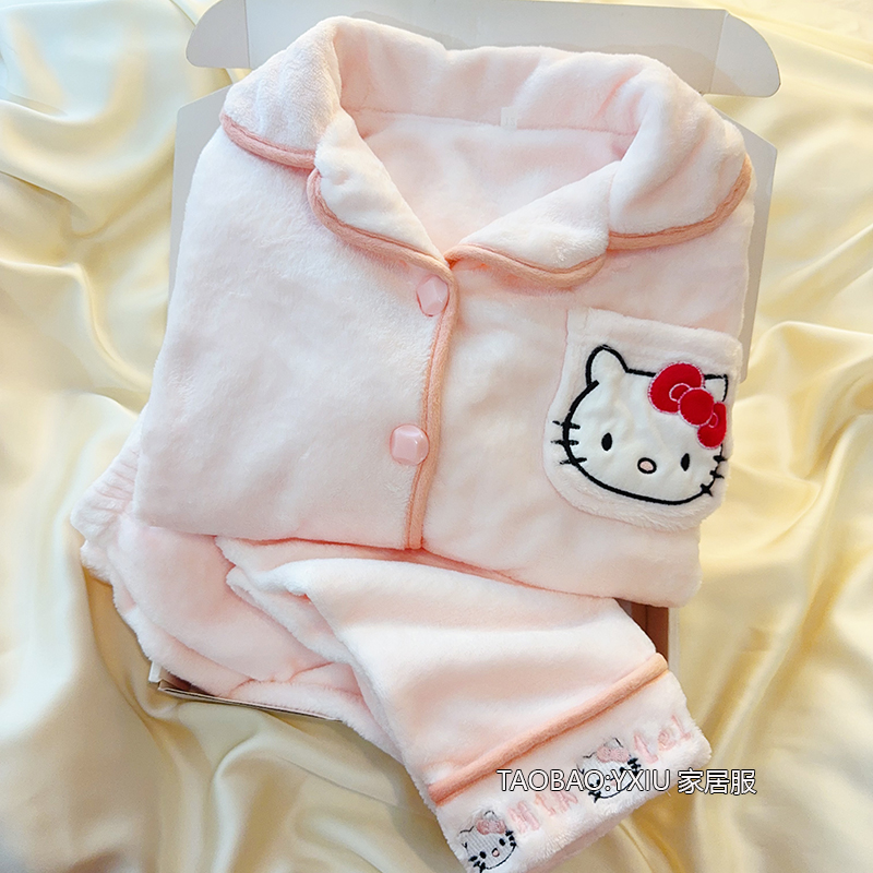 Hellokitty猫儿童睡衣2025加厚秋冬季法兰绒女童冬款珊瑚绒家居服