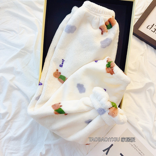 秋冬季法兰绒儿童睡裤中大男女童加绒加厚珊瑚绒可外穿居家长裤子