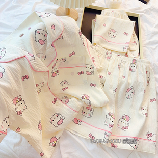 卡通睡衣女童夏季薄款短袖云朵棉小女孩中大儿童KT猫家居服三件套