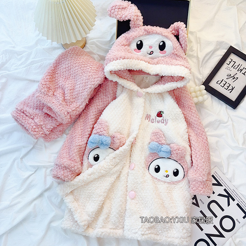 儿童美乐蒂公主法兰绒睡衣女孩保暖连帽长款浴袍珊瑚绒家居服套装