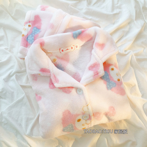 美乐蒂儿童法兰绒睡衣秋冬款女童长袖宽松卡通可爱加绒家居服套装