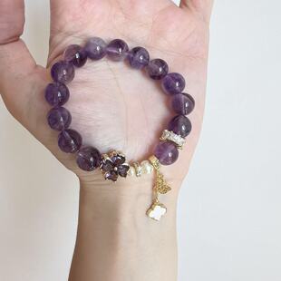 现货！多面体原创乌拉圭天然紫水晶手链手串 幸运四叶草 招财！！