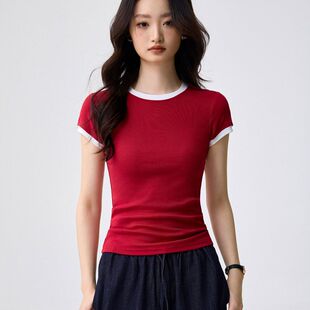 撞色包边短袖 正肩圆领打底衫 T恤女夏季 修身 上衣 新款 汇美精梳纯棉