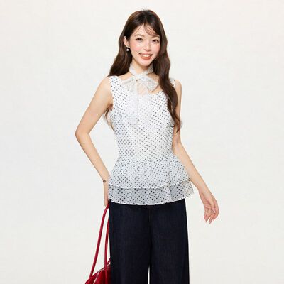 韩版白色波点修身打底吊带