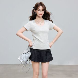 纯棉修身 新款 低圆领显瘦体恤基础u领小上衣 t恤女夏季 汇美正肩短袖