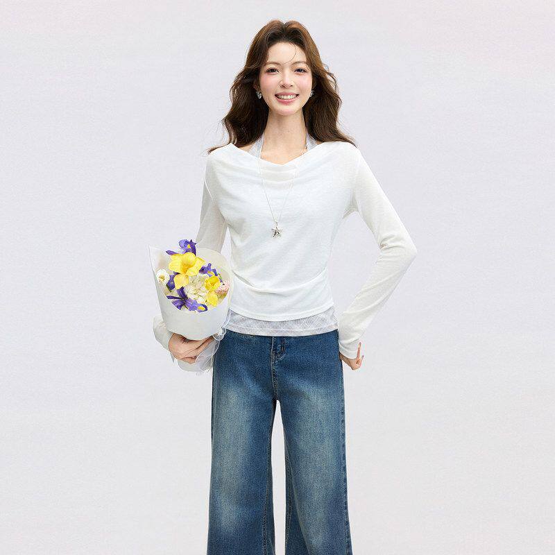 韩系白色荡领假两件挂脖露肩长袖T恤女2026春季新款修身打底上衣
