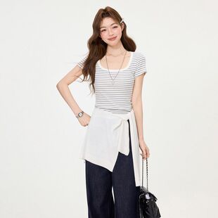 清新修身 时尚 显瘦上衣 T恤女2026夏季 甜美风方领撞色条纹正肩短袖