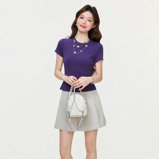 上衣 显瘦短袖 超好穿美式 圆领正肩T恤女2026夏高级感褶皱掐腰修身