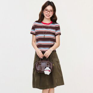 撞色咖色条纹圆领正肩短袖 设计感宽松显瘦套头上衣 T恤女2026夏季