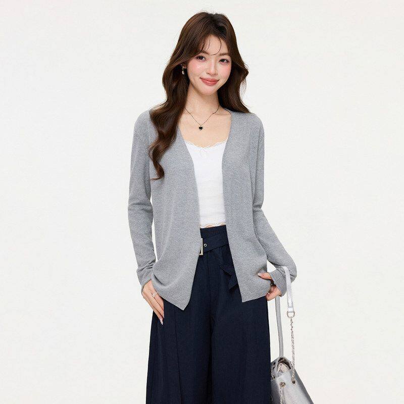 灰色薄款长袖针织开衫外套春季新款打底内搭高级感气质中长上衣女