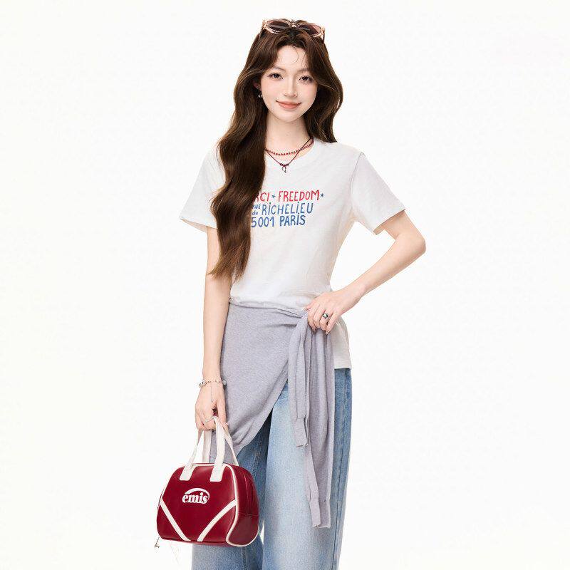 白色圆领字母印花宽松正肩短袖T恤女2026夏季显瘦慵懒风气质上衣