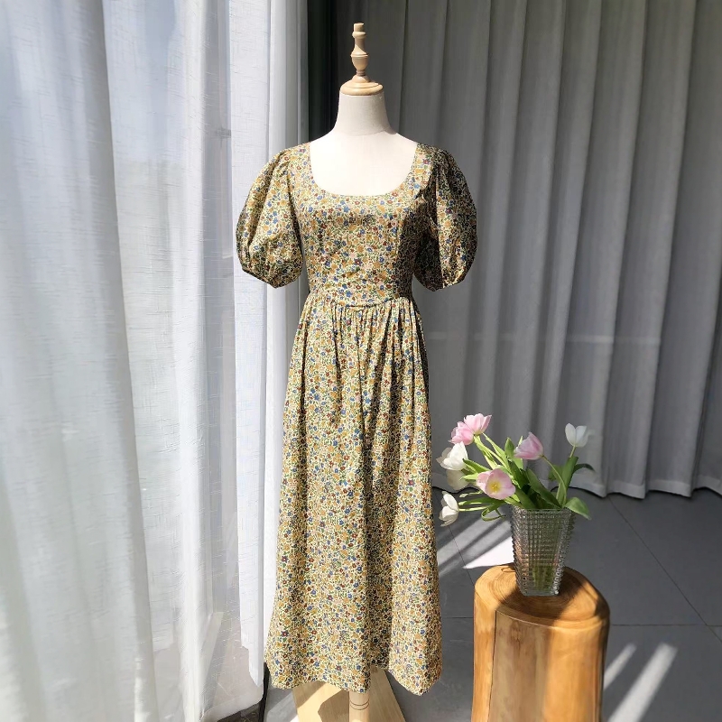 25春夏U领泡泡短袖碎花纯棉A字裙