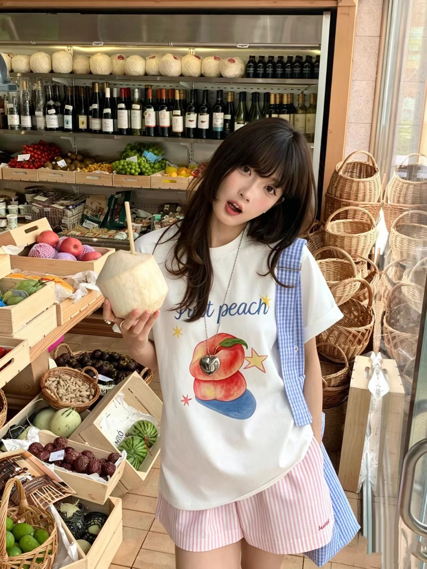 桃子印花t韩系设计感卡通水果桃子短袖圆领宽松显瘦减龄短袖t