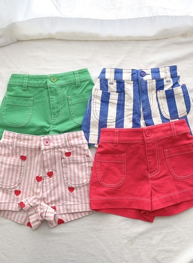 98-164英单女童BD夏季纯色棉梭织条纹爱心短裤儿童裤子童装