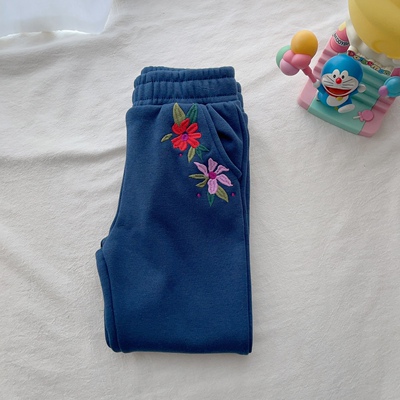 98-152法单女童春秋冬纯色刺绣加绒运动长裤儿童裤子