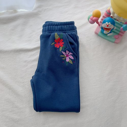 98-152法单女童春秋冬纯色刺绣加绒运动长裤儿童裤子