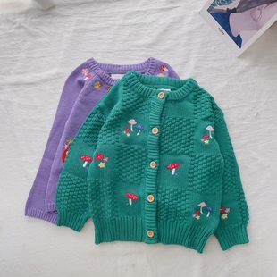 圓領紫色蝴蝶結蘑菇刺繡女童兒童毛衣開衫 122英單兒童JO春秋季