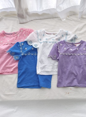 98-164英单女童bd夏季纯棉纯色刺绣百搭T恤儿童中大童童装上衣