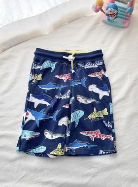 98-164英单Bd男童夏日夏季蓝色鲨鱼纯棉中裤裤子儿童中大童短裤