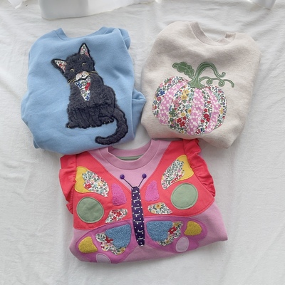 98-152英单BD女童春秋冬薄绒南瓜猫咪蝴蝶刺绣套头运动卫衣儿童