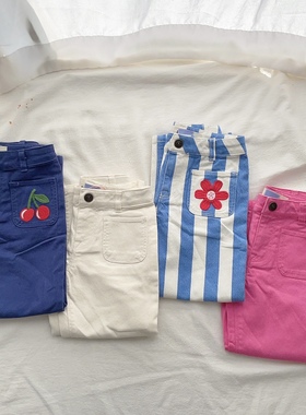 98-164英单女童BD春秋梭织条纹刺绣纯色长裤儿童裤子童装