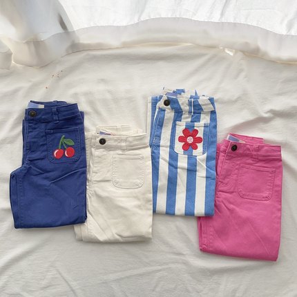 98-164英单女童BD春秋梭织条纹刺绣纯色长裤儿童裤子童装