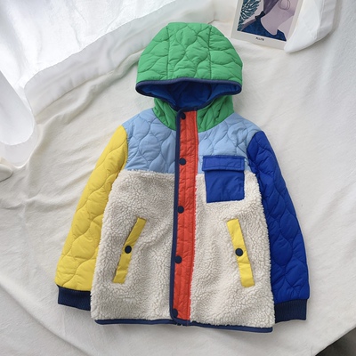 116-128英单BD男童春秋款夹棉拼色薄款连帽棉服外套保暖儿童童装