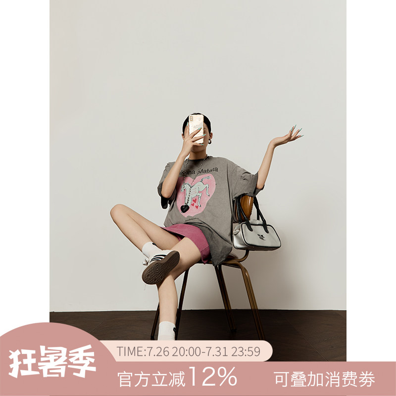 周里物/复古灰爱心白马印花t恤女2026夏季新款宽松磨破设计感短袖