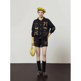 周里物出品「金光闪闪」黑色毛衣开衫女秋冬新款宽松外套半裙套装