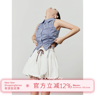 周里物/蓝白格子衬衫女2025夏季新款褶皱设计感无袖简约气质上衣