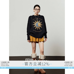 周里物出品「蓝月太阳」黑色毛衣女2026春季 印花宽松针织上衣 新款
