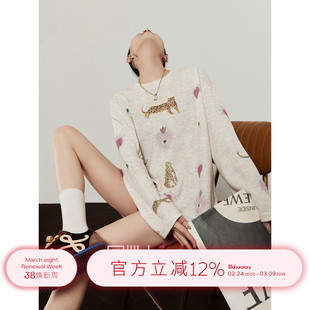 周里物出品「心眼秘语」花纱粉T恤女2026春季新款休闲风印花上衣