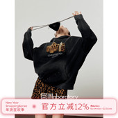 周里物出品「钻石纹理」黑色加绒卫衣女2025秋季 新款 印花做旧上衣