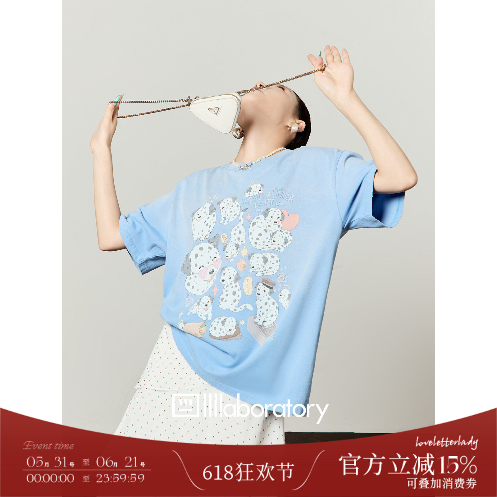 周里物/水洗蓝色斑点狗派对数码印花t恤女夏2026新款宽松磨破短袖