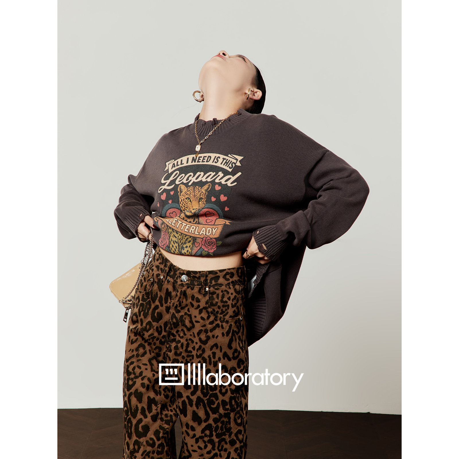 周里物出品「玫瑰豹」烟灰色毛衣女2026春季新款印花破洞针织上衣,女装/女士精品,毛衣,淘宝优惠券,粉丝福利购,淘宝优惠卷