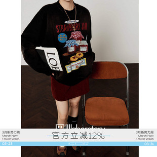 「周里物出品」复古黑卫衣女2025新款 草莓果酱印花设计感上衣 秋季